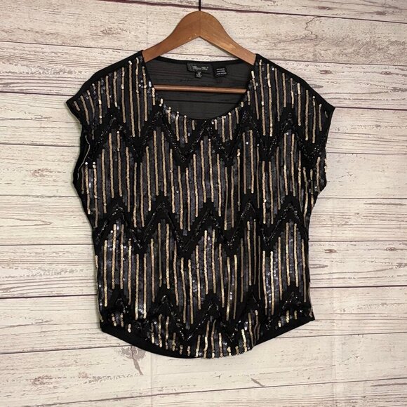 Miss Me Cocktail Hour Top Blk Gld Blue Sequins XS - Picture 4 of 7